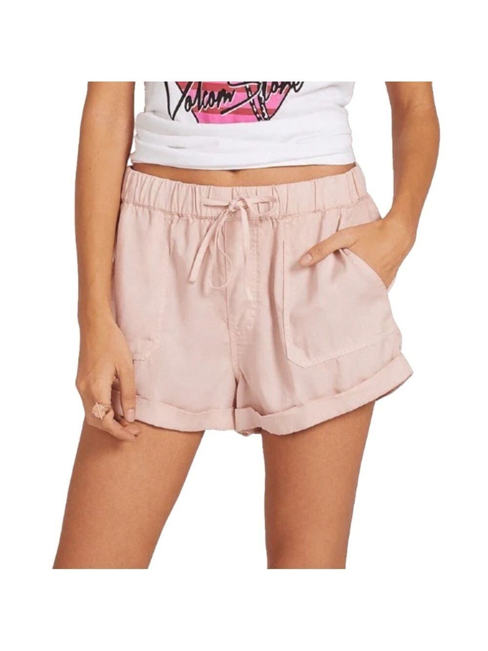Volcom Sunday Strut Lightweight Drawstring Waist Short in Hazy Blush Pink